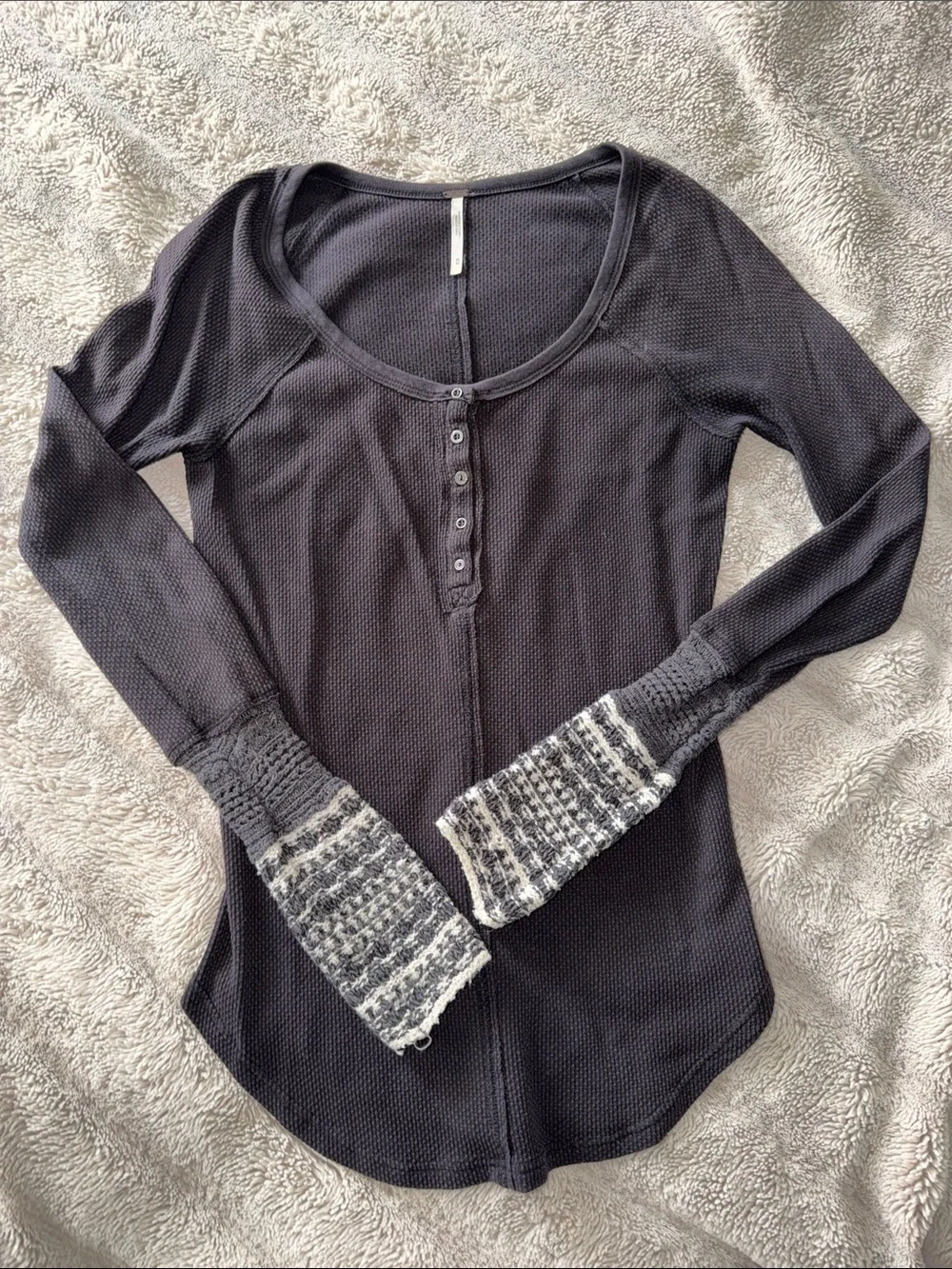 Long Sleeve Henley Top with Textured Cuff - Charcoal - Picture 1 of 4